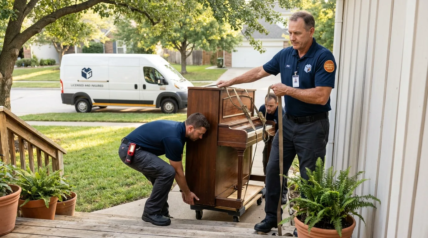Licensed piano movers securing grand piano in Larkspur, CA