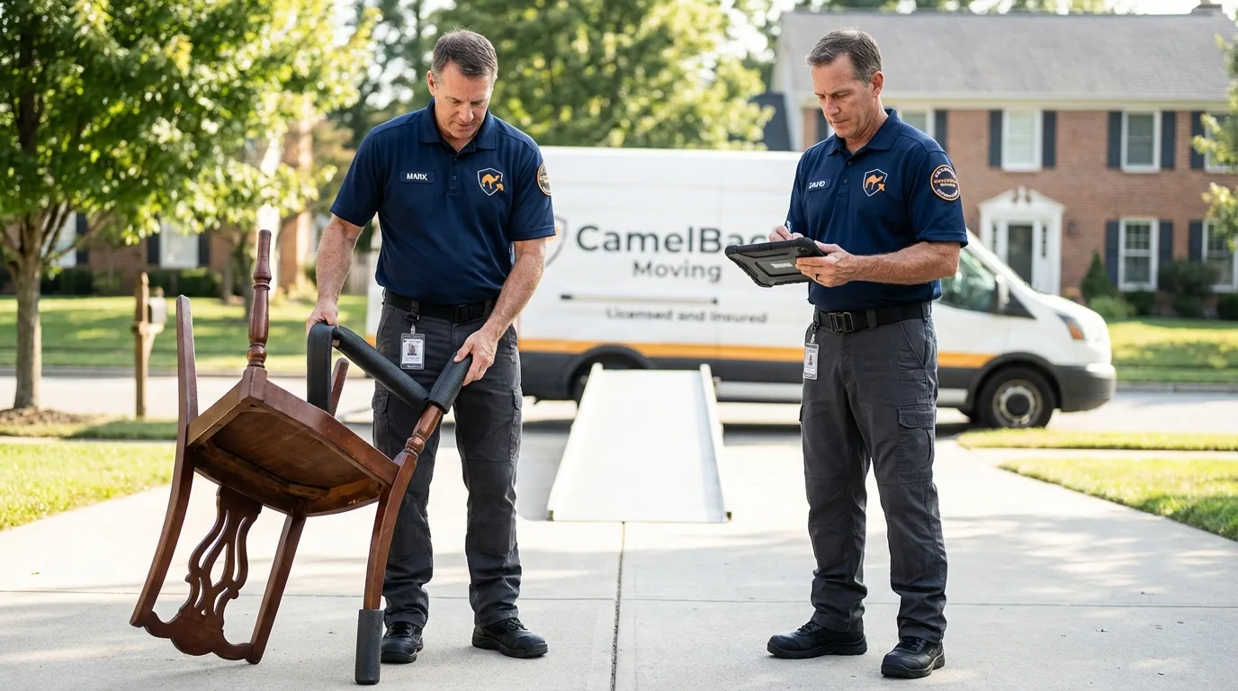 Movers inspecting furniture for damage prevention before loading in Larkspur, CA