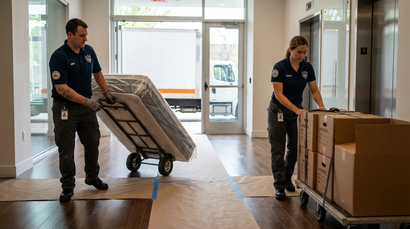 Professional apartment movers loading elevator in Larkspur, CA